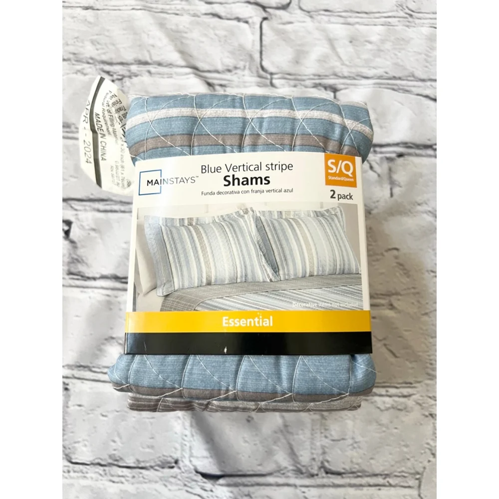 NEW Mainstays Blue Grey Vertical Stripe Standard/Queen Shams 2-Pack